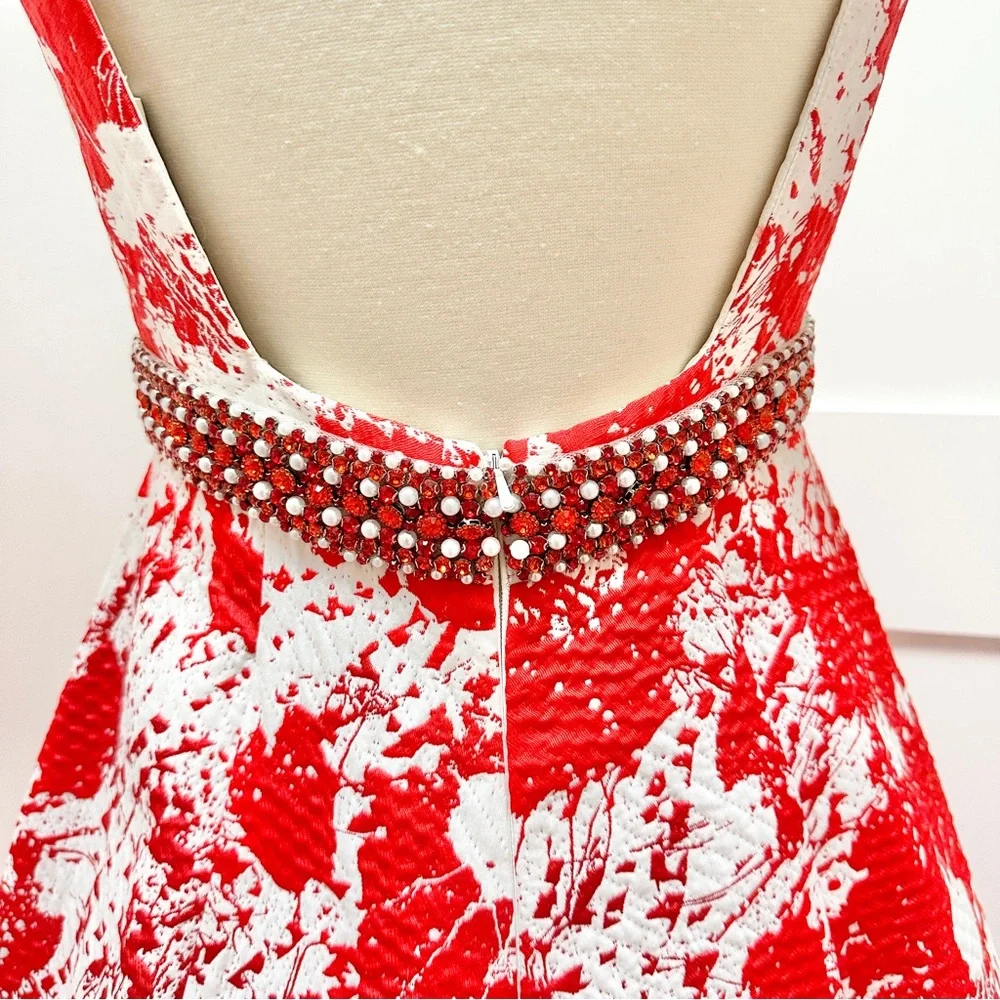 JOVANI Red and White Print Backless A-Line Evening Gown - Picture 12 of 16